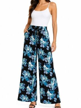 METAPHOR Black & Blue Floral Wide Leg Palazzo Pants S NWOT